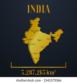 Asian India golden 3d solid country outline silhouette, realistic piece of world map template, for infographic, vector illustration, isolated object, background. From countries set