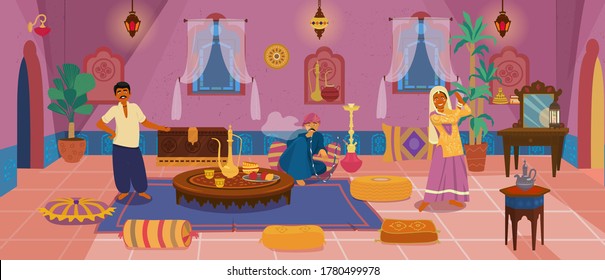 Asian Indian Characters in Authentic Traditional Middle Eastern Living Room Interior with Wooden Furniture and Decoration Elements. Man Smoking Hookah, Woman Dancing, Man Offers Tea. Cartoon vector. 