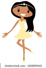 Asian Indian cute Christmas tree fairy with long black hair and a yellow ballet dress dancing with white wings and a star tiara