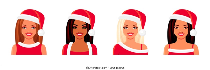 Asian, Indian and European girls wearing Santa Claus hats. Christmas avatar set of smiling young women with different nationality. Vector isolated illustrations