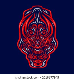 Asian Indonesian ethnic line art logo. Colorful tribal design with dark background. Abstract vector illustration. Isolated with navy background for t-shirt, poster, clothing, merch, apparel. 