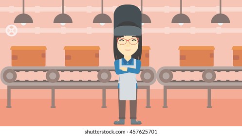 An asian industrial worker with protective welder mask. Welder with arms crossed on the background of factory workshop with conveyor belt. Vector flat design illustration. Horizontal layout.