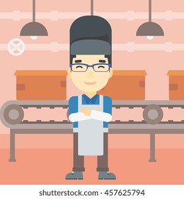 An asian industrial worker with protective welder mask. Welder with arms crossed on the background of factory workshop with conveyor belt. Vector flat design illustration. Square layout.