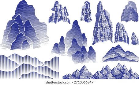 Asian Ink Engraving Mountain Set, asian halftone montain – Vintage Etched Landscape Illustrations in Blue Gradient Style