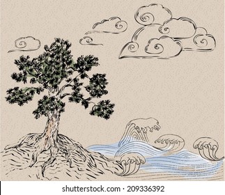 Asian Ink hand drawn illustration on paper texture background