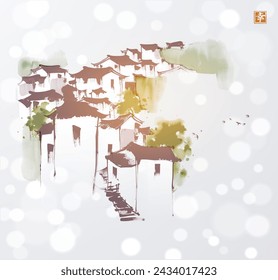 Asian ink wash painting of a village with traditional houses. Oriental ink painting sumi-e, u-sin, go-hua on white shimmering background. Hieroglyph - happiness