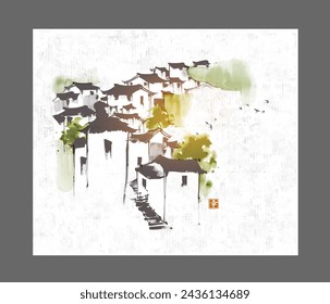 Asian ink wash painting of a village with traditional houses. Oriental ink painting sumi-e, u-sin, go-hua on rice paper background. Hieroglyph - happiness
