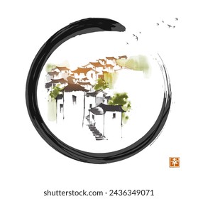 Asian ink wash painting of a village with traditional houses. Oriental ink painting sumi-e, u-sin, go-hua in black enso zen circle. Hieroglyph - happiness