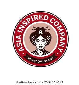 Asian inspired logo badge design. Beautiful asian woman head face icon illustration. Simple emblem with replaceable text.