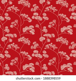 Asian inspired red pattern of delicate white flowers. Vector seamless pattern design for textile, fashion, paper, packaging and branding. 