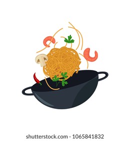 Asian iron wok pan with udon noodles, mushroom, large cooked and peeled shrimp, fresh green parsley and red chili pepper stirring in air. Flat isolated vector illustration of asian traditional food.