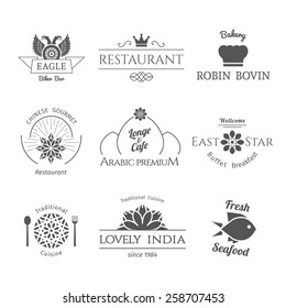 Asian isolated food logo templates set. Vector ethnic ornamental design for restaurants and cafes.