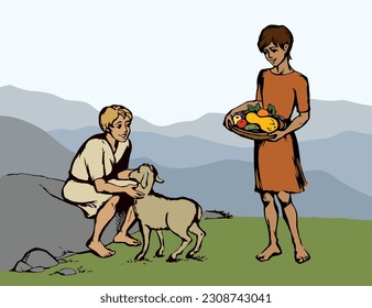 Asian Israel jewish 2 arab tribe villag young teen guy worker hold male ram baby kid goat pet flock sky. Middl east evil arabian jew human Adam son envy sin slave worship god Asia story hand drawn art