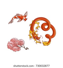 Asian japan, china oriental symbols concept set. Red dragon without wings, traditional koi carp, sakura branch with blooming flowers. Isolated flat vector illustration on a white background.