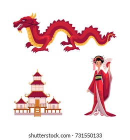 Asian japan, china oriental symbols concept set. Red dragon without wings, traditional pagoda building temple, geisha woman with folding fan. Isolated flat vector illustration on a white background.