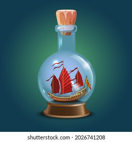 Asian or japan Ship with red sails in a bottle.Sailing crafts. Miniature models of marine vessels. Hobby and sea theme.Vector illustration