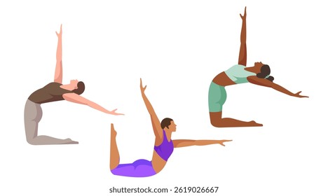 asian, japanese, african american pilates women vector illustration set flat