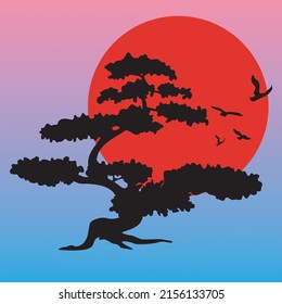 Asian Japanese Bonsai Tree  Vector Logo Illustration