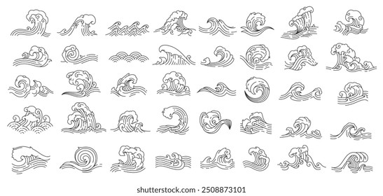 Iconos asiáticos japoneses o chinos de la onda del mar y del océano, decoración fina del arte de la línea del Vector. Icono de la onda de las ondulaciones del agua de mar y marea del océano surfea con el chapoteo ondulado para el patrón japonés asiático o chino del ornamento