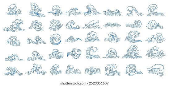 Olas de mar asiáticas japonesas o chinas, arte oriental de Vector. Olas asiáticas de Antiguas con textura de flujo de agua de mar y océano. La línea azul salpica y el maremoto surfea con remolinos de agua y el patrón de ondas