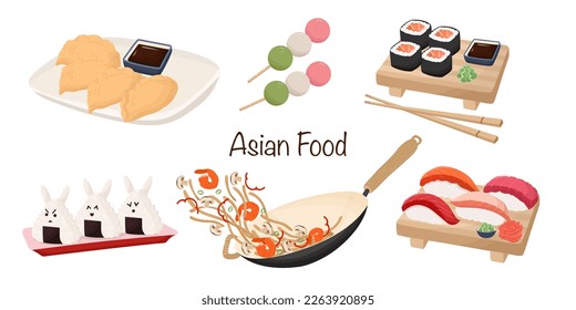  Asian japanese cuisine traditional delicious food. Chinese, korean, japanese rice, noodles, dango, dumplings, sushi vector illustration set. Restaurant menu.

