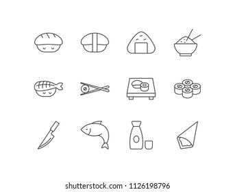 Asian Japanese Food Sushi Line Icons Set With Sashimi, Nigiri, Roll, Rice Ball, Shrimp, Chopsticks, Wooden Tray, Knife, Fish, Sake Bottle.