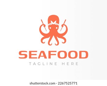 Asian Japanese Sea Food Logo Design. Octopus Wearing Japanese Chef Bandana with Chopsticks. Japanese Sea Food Business Logo Design.