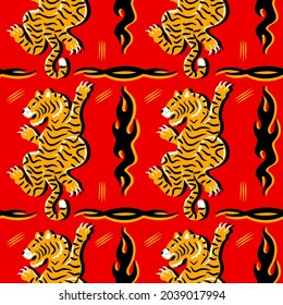 Asian japanese tiger and triabl abstract seamless pattern. Vector hand drawn cartoon character illustration icon. Japan,China,asian tiger and abstract fire seamless pattern for t shirt concept