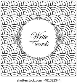 Asian Japanese tradition pattern. Square format blank with decorative pattern and decorative frame and space for text. Vector illustration. Coloring book for adult. Outline drawing coloring page.