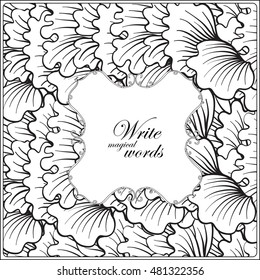 Asian Japanese tradition pattern. Square format blank with decorative pattern and decorative frame and space for text. Vector illustration. Coloring book for adult. Outline drawing coloring page.