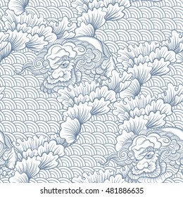 Asian Japanese tradition seamless pattern in blue colors. Stock vector illustration.