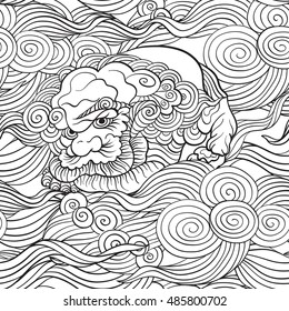 Asian Japanese tradition seamless pattern in white and black colors. Stock vector illustration. Outline drawing. 
