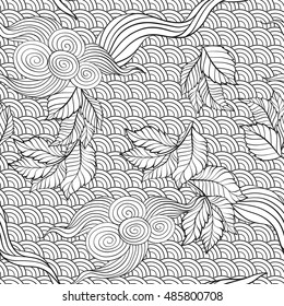 Asian Japanese tradition seamless pattern in white and black colors. Stock vector illustration. Outline drawing. 
