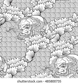 Asian Japanese tradition seamless pattern in white and black colors. Stock vector illustration. Outline drawing. 