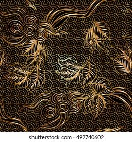 Asian Japanese tradition seamless pattern in gold and black colors. Stock vector illustration.