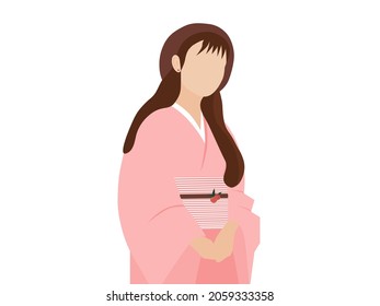 Asian or japanese woman silhouette avatar without face. Young oriental girl in traditional japanese kimono. long hair, beret hat and pink kimono. Vector isolated anonymous female model in asian style.