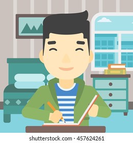An asian journalist sitting at the table and writing in notebook with pencil. Journalist writing notes on the background of bedroom . Vector flat design illustration. Square layout.