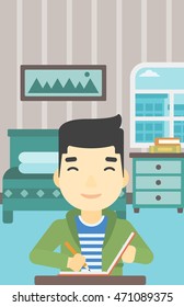 An asian journalist sitting at the table and writing in notebook with pencil. Journalist writing notes on the background of bedroom . Vector flat design illustration. Vertical layout.