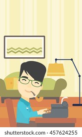 An asian journalist writing an article on a vintage typewriter on the background of living room. Journalist at work smoking pipe. Vector flat design illustration. Vertical layout.
