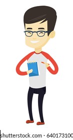 Asian journalist writing notes in notepad. Young journalist writing in notebook with pencil. Smiling journalist writing notes with pencil. Vector flat design illustration isolated on white background.