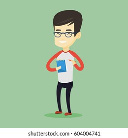 Asian journalist writing notes on the notepad. Young journalist writing in notebook with pencil. Smiling journalist writing notes with pencil. Vector flat design illustration. Square layout.