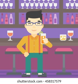 An asian joyful man holding an orange cocktail. Man drinking an orange cocktail at the bar. Man celebrating at bar with an orange cocktail. Vector flat design illustration. Square layout.