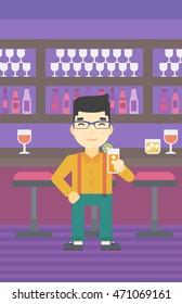 An asian joyful man holding an orange cocktail. Man drinking an orange cocktail at the bar. Man celebrating at bar with an orange cocktail. Vector flat design illustration. Vertical layout.