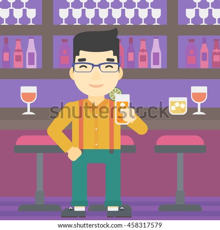 An asian joyful man holding an orange cocktail. Man drinking an orange cocktail at the bar. Man celebrating at bar with an orange cocktail. Vector flat design illustration. Square layout.