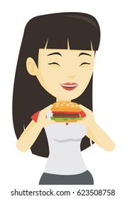 Asian joyful woman eating hamburger. Woman with closed eyes biting hamburger. Young smiling woman is about to eat delicious hamburger. Vector flat design illustration isolated on white background.
