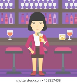 An asian joyful woman with an orange cocktail. Woman drinking an orange cocktail at bar. Woman celebrating at bar with an orange cocktail. Vector flat design illustration. Square layout.