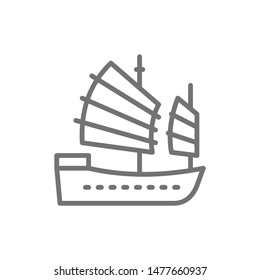 Asian Junk boat, Hong Kong ship line icon.
