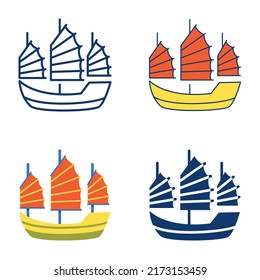 Asian junk boat icon set in flat and line style. Traditional sailing ship symbol. Vector illustration.