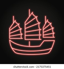 Asian junk boat neon icon in line style. Traditional sailing ship symbol. Vector illustration.