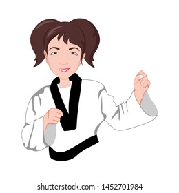 Asian karate girl stands in the fighting stance, funny vector isolated illustration.